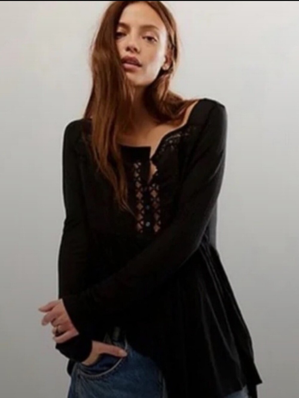 Free People Black Lace-Trim Long Sleeve Women's Top